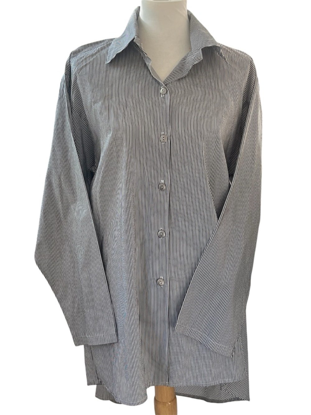 Planet by Lauren G Black White Stripe Oversized Asymmetrical Button Up Shirt OS